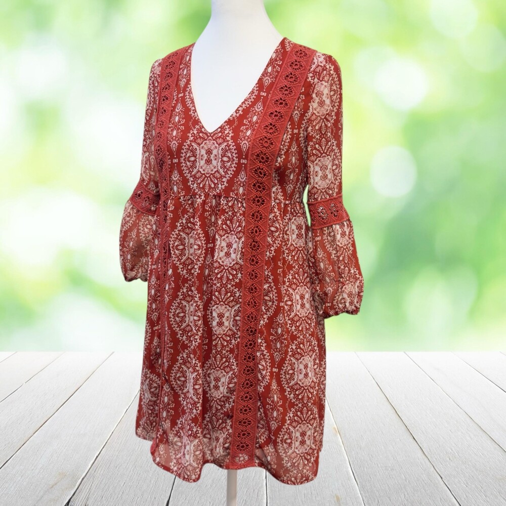 Vintage Y2K AS U WISH Boho Bell Sleeve Mini Dress Damask Crochet Trim Vneck XS